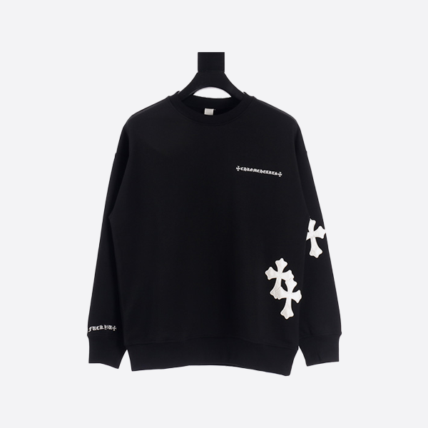 クロムハーツ 24Fw レザーラベルクルーネック スウェットシャツ ブラック
