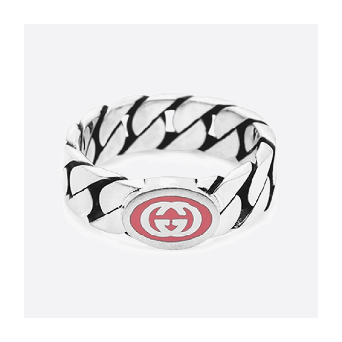 グッチ925 スターリングシルバー インターロッキング ダブルG ピンク エナメル リング YBC701612002