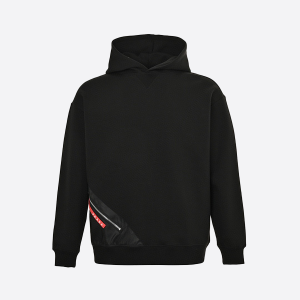 プラダ裾レッド ジッパー ポケット フード付きスウェットシャツ