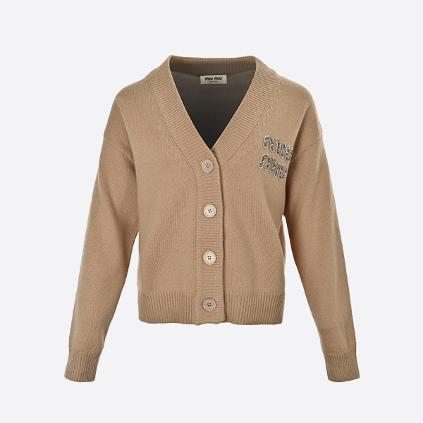 ミュウミュウパール ラインストーン レタリング オーストラリアン ウール カーディガン セーター