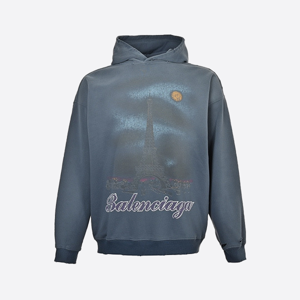 バレンシアガ エッフェル塔 インクジェット グラフィティ ウォッ​​シュ加工 ダメージ加工 フード付きスウェットシャツ