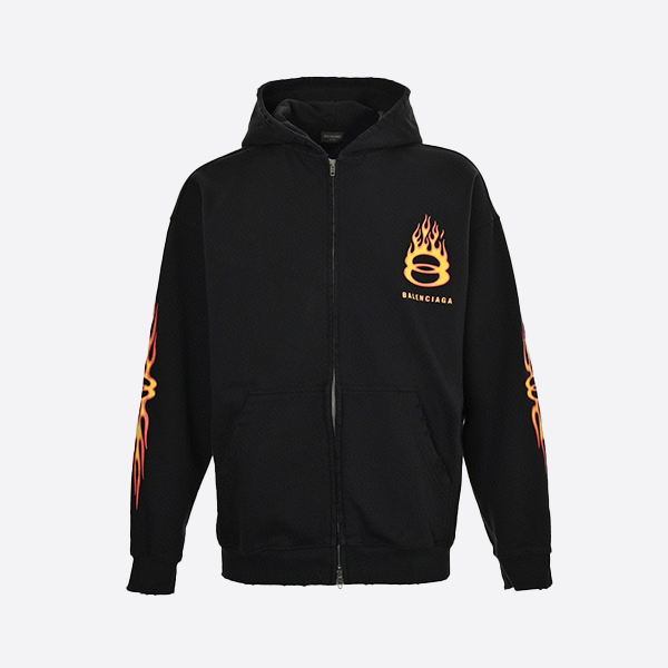 バレンシアガ ダブルリング フレイム デジタル ダイレクトインジェクション ウォッシュド フード付き ジッパー ジャケット