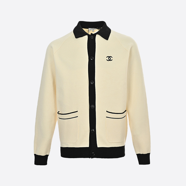 シャネル CC ロゴ ラペル コントラスト ニット セーター ジャケット