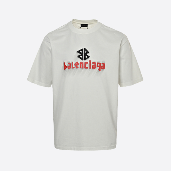 バレンシアガ 25SS ダブルB刺繍と3Dインクジェットロゴ リップド ショートスリーブ