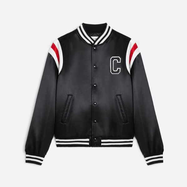 セリーヌの赤と白の袖のボンバージャケット、ベースボールジャケット