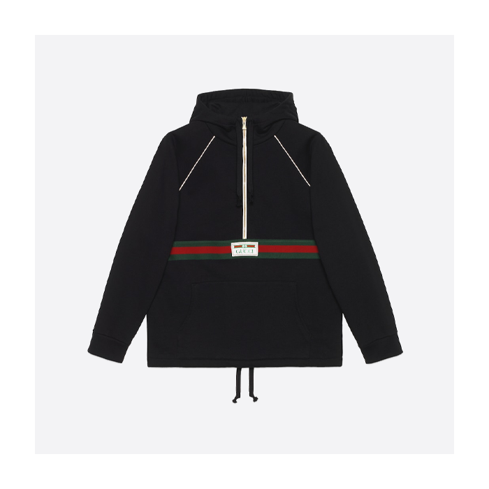 グッチの赤と緑のリボンのハーフジップ長袖フード付きスウェットシャツ