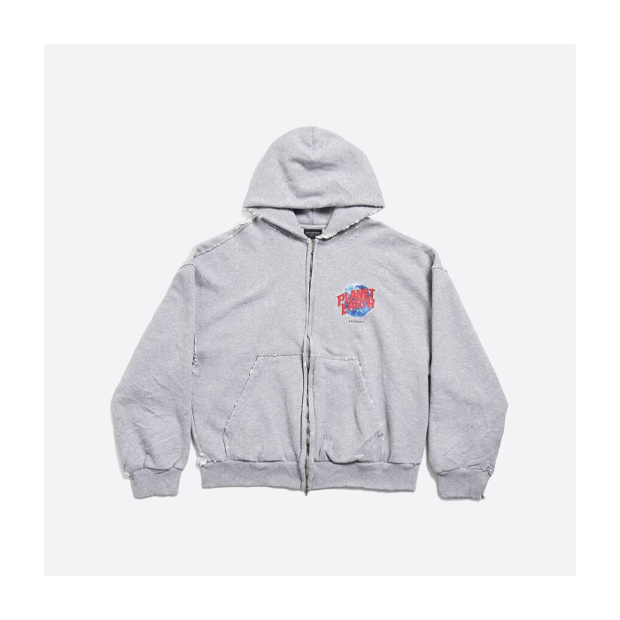 バレンシアガのキャットウォークスタイルの地球儀プリントのダメージ加工ジップアップジャケット