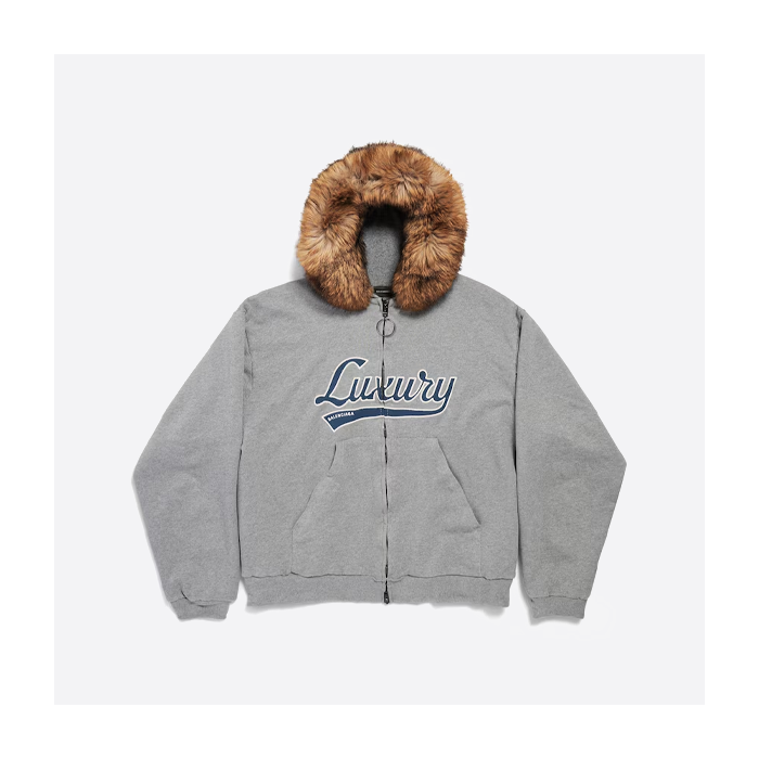 バレンシアガのファーカラーパッチワークジッパースウェットシャツ