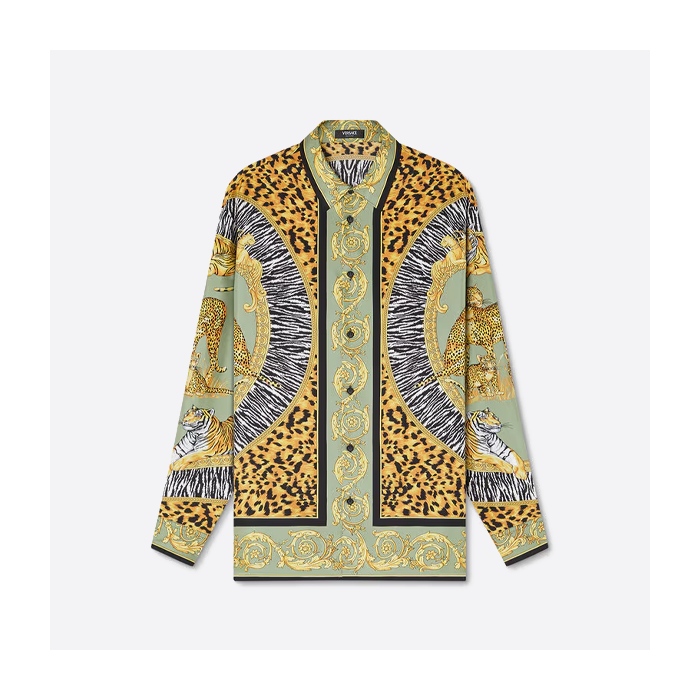 ヴェルサーチのヒョウ柄ラペル長袖シャツ 緑