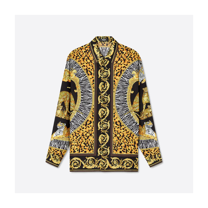 ヴェルサーチのヒョウ柄ラペル長袖シャツ 金