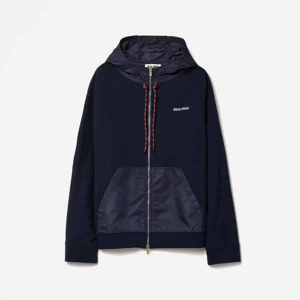 ミュウミュウの刺繍入りスモールロゴパッチワークジップアップフードジャケット