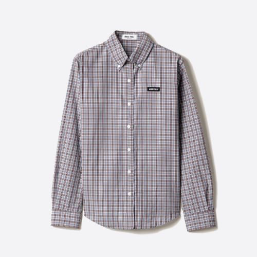 ミュウミュウのブラウンとブルーのチェック柄長袖シャツ